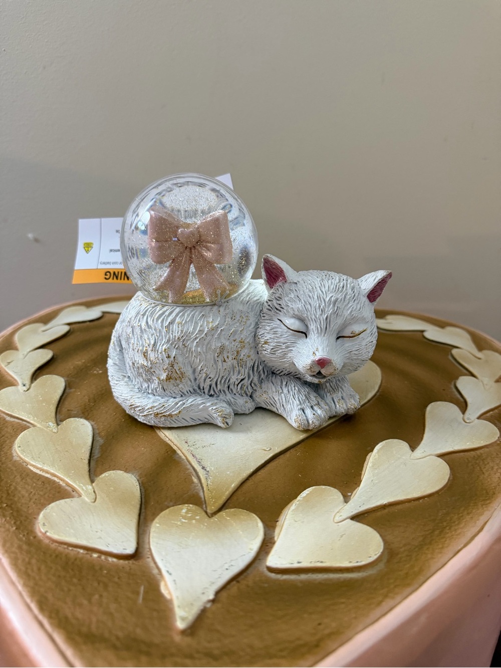 Resin White Cat with Light up Snow Globe with Pink Bow & Gold Glitter
